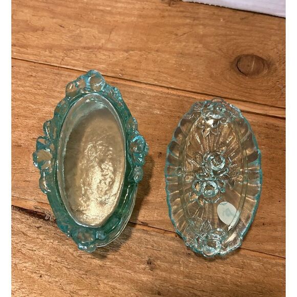 Fenton Glass Trinket Dresser Lidded Box Aqua Blue Iridescent Cabbage Rose - Picture 5 of 5